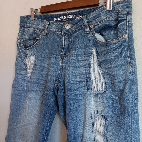 Blues Society Jeans Women 13/14 Mid Rise Straight Distressed Mid WashDenim Blue - Picture 4 of 5